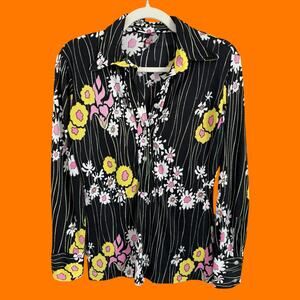60's 70's vintage black groovy floral collared henley bodycon top LARGE